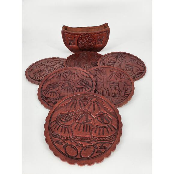 Genuine Peruvian Tooled Leather Coaster Set with Holder - Picture 2 of 12